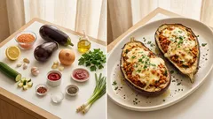 Gefüllte Auberginen aus dem Ofen – mit Linsen-Zitronen-Füllung & Mozzarella