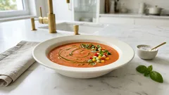 Paprika-Gazpacho mit Basilikum: cremig, eiskalt und ganz ohne Kochen